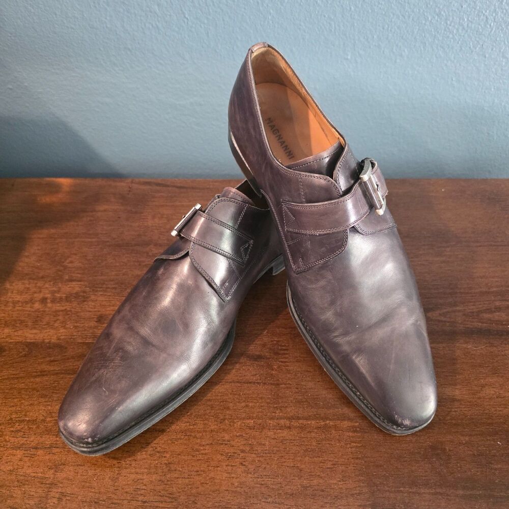 Magnanni Mens Dress Shoes Monk Strap Gray Brown Leather 10 Square Toe Spain